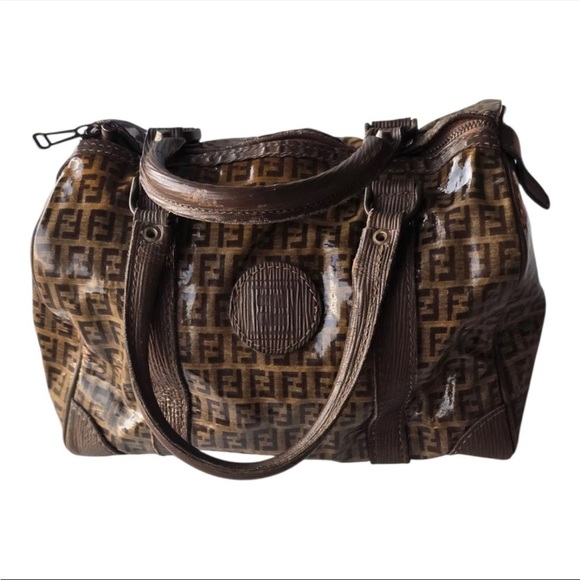 Vintage Fendi Zucca FF Boston Tote Handbag Brown Tan Monogram Women - Picture 3 of 15